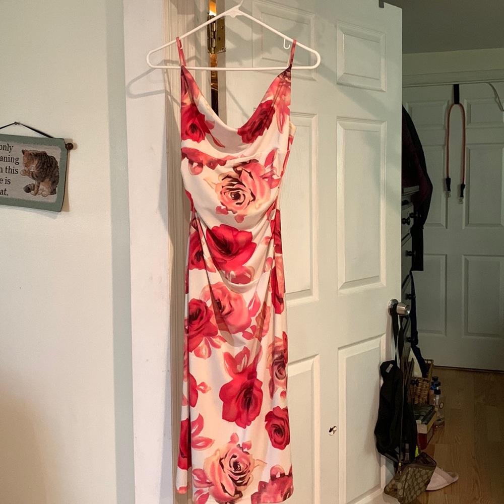 Knee length white & pink floral dress, size M